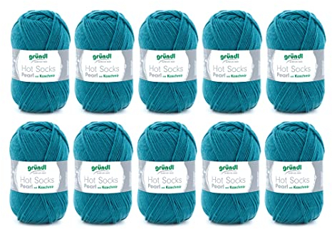 Gründl Hot Socks Pearl uni Strickwolle (kuschelig weiche Sockenwolle aus 75 % Merinowolle, 20 % Polyamid, 5 % Kaschmir, 50 g / 200 m, Nadelstärke: 2,5 - 3, 10 x 50 g), Petrol, 40 x 37 x 11 cm