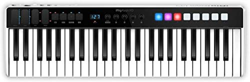 IK Multimedia Irig Keys I/O Midi 49 Tastiera Midi, Tastiera Piano Portatile per Mac, iPhone e iPad, 49 Tasti, 8 Pad, Stazione di Produzione Musicale, Software e Applicazioni Inclusi, Nero/Bianco