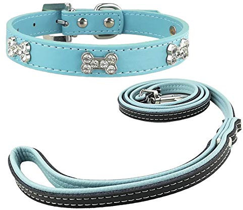 Newtensina Mode Hundehalsband und Leine Set Nette Bling Mädchen Knochen Welpen Halsbänder mit Hundeleine für Hunde