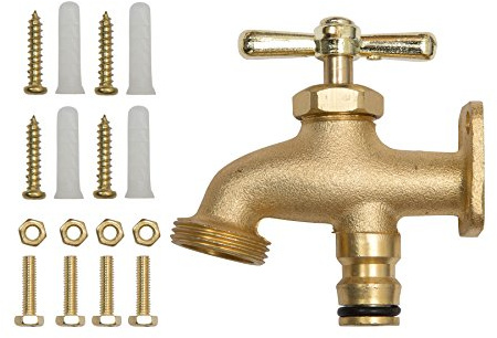 Doppel-Wasserhahn Garten überall Messing mit Befestigung frostsicher mit Adapter für Gartenschlauch und Gewinde Doppel-Anschluss Verteiler Schlauchadapter mit Schlauchanschluss Gartenwasserhahn