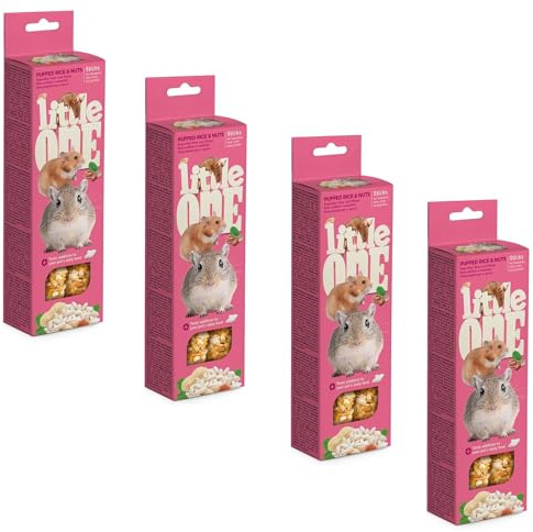 Little One Sticks per Criceti, Ratti, Topi e Gerbilli | Confezione da 4 | 4 x 110 g | Alimento complementare per roditori | Con riso soffiato e noci | Clip rimovibile