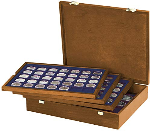 LINDNER Das Original Echtholz Münzkassette mit 4 blauen Tableaus für 127 Münzen unterschiedlicher Durchmesser