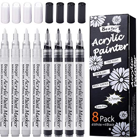 Schwarz Weiß Acrylstifte, 0,7mm Permanent Marker Stifte Wasserfest Acrylfarben Stifte Steine Bemalen Stifte für Steine Keramik Holz Metall Papier Glas Stoffe Kunststoff Leder DIY 8 Pack