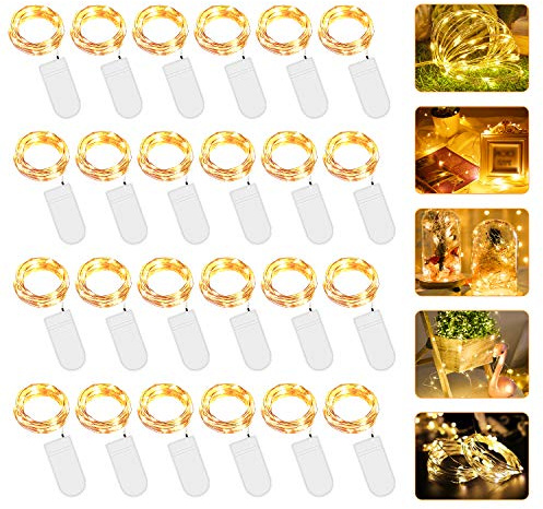 Guirnalda luminosa de 24 guirnaldas luminosas, cortina de 2 m, 20 LED, IP65 Mini Fairy Light, interior y exterior, romántica, para decoración de árbol de Navidad, boda, jardín, terraza, amarillo