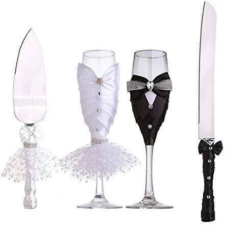Litiny 4 Piece Wedding Reception Supplies Bride and Groom Toasting Flutes and Cake Server Sets -2 Champagne Glasses, 1 Cutting Knife and 1 Pie Server Wedding Gifts Valentine Day Gifts(Romantic)