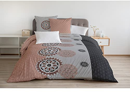 Home Linge Passion | Parure de Couette - 3 Pièces | 100% Coton - 57 Fils | 2 Personnes - 220x240 cm | Yucatan - Gris et Vieux Rose