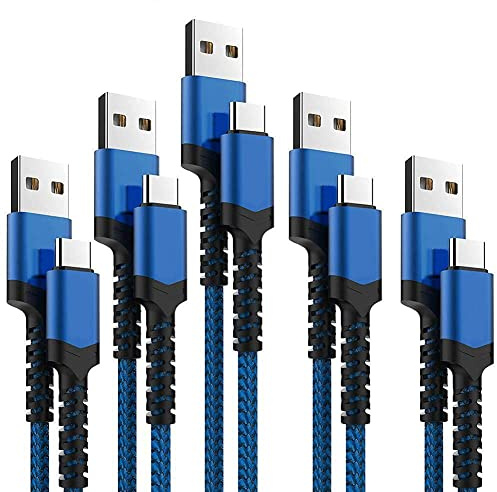 USB Type C Cable 5Pack (3/3/6/6/10FT) Nylon Braided USB C Cable Fast Charger Charging Cord Compatible Samsung Galaxy S9 S8 Note 9 Note 8 Plus,LG V30 G6 G5 V20,Google Pixel, Moto Z2 (Navy&Blue)