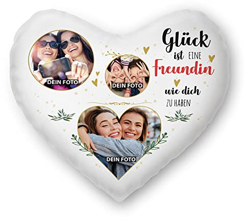 Print Royal Herzkissen selbst gestalten - mit 3 Fotos Bedrucken - Glück ist eine Freundin wie Dich zu haben - Geschenk Geburtstag Weihnachten - Herz Fotokissen inkl. Füllung, 40x44 cm