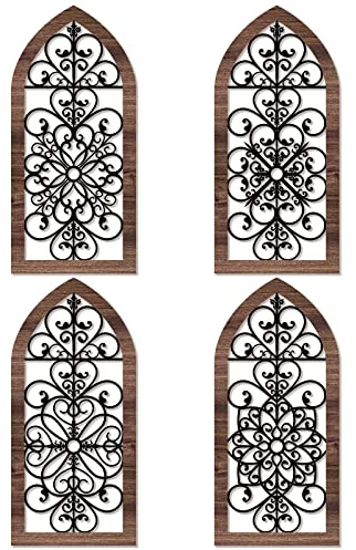 4 Pieces Thicken Rustic Wall Art - Modern Farmhouse Wooden Hollow Carved Design for Living Room, Bedroom, Hallway, Office, Kitchen (Elegant Style)