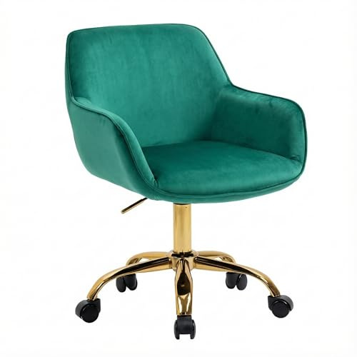 Sepnine Bürostuhl Samt, Schminkstuhl mit Rollen,Schreibtischstuhl Aesthetic Mädchen, Drehstuhl mit Goldenen Stuhlbeinen, Höhenverstellbar, Studie, Büro, Schlafzimmer, Bis 135 kg, Grün