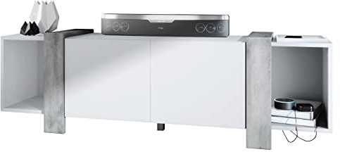 Vladon Lowboard Ida 149 x 45,5 x 34 cm TV-Board mit 4 Fächern und PTO-Türen, Made in Germany, Korpus in Weiß matt, Blenden in Beton Oxid Optik | Große Farbauswahl