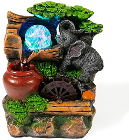 Dyna-Living Fuente de mesa con bola giratoria, fuente de iluminación LED, multicolor, tablero de mesa, fuente de agua, cascada, elefante rueda de agua, plantas, 20 x 15 x 10 cm