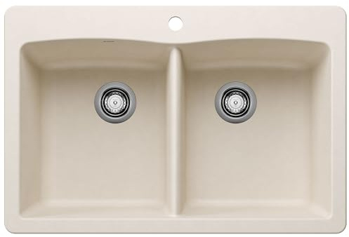 BLANCO 443067 Diamond Silgranit Double Bowl Undermount or Drop-In Kitchen Sink, 33 L X 22 W - Soft White