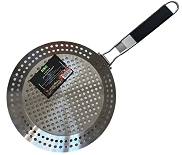 daniplus Poêle à griller perforée avec poignée pliable, Ø env. 30 cm, en acier inoxydable, parfaite comme plateau de barbecue pour viande, poisson, fruits de mer, légumes