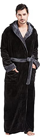 FashGudim Herren Kapuzenplüschbademantel in voller Länge. Flauschiger Bademantel für große und kräftige Männer. Warme Fleece-Bademäntel (Schwarz/Grau, 7XL)