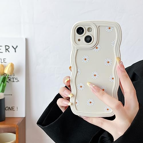 ZTOFERA Case for iPhone 15, Cute Curly Wave Frame Daisy Pattern Liquid Silicone Case, Flexible Shockproof Protective Bumper Cover for iPhone 15 6.1 - Beige