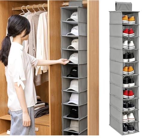 Beenle-Icey 2pack Shoe Organizer 10 Pockets Hanging Shoe Rack Space Saving Shoe Hanger Non-woven Household Sneakers Storage Shelf Clothes Hat Handbag Holder for Bedroom Closets Wardrobe