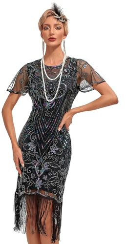Viloree Gatsby 1920-tals ”flapper”-klänning för kvinnor, vintage, med paljetter, fransar, pärlor, art deco, fin klänning med ärm, för fest, bal, S