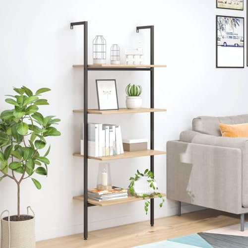 Natulvd 4-Tier Bookcase Rack, Industrial Ladder Shelf Plant Stand, Storage Unit with Metal Frame, Floating Wall Shelf for Living Room Office Bedroom - Light Brown