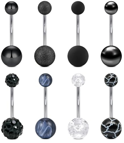 FECTAS 8pcs Piercing all'ombelico Acciaio Chirurgico 14mm 14G Piercing all'ombelico Argento Nero