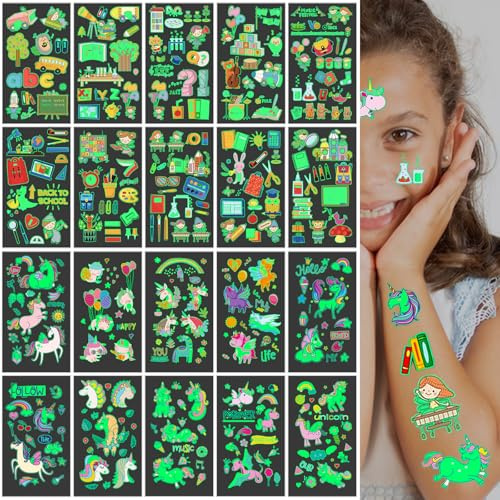 Schulanfang Tattoo 20 Bögen, Schulanfang Mädchen Schultüte Füllung Leuchttattoos Kinder, Schulkind Einschulung Geschenke Dinge für Schultüte