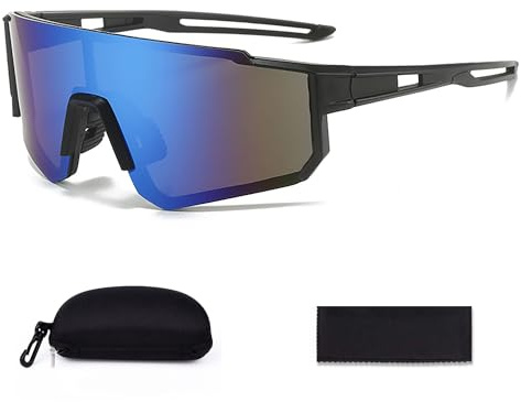 JXCTNNU Sportbrille Polarisiert Sport Sonnenbrille Herren Damen Radsportbrillen Fahrrad Brille Ski Brille mit UV400 Schutz mit Etui und Brillentuch für Outdooraktivitäten (Schwarz Blau)
