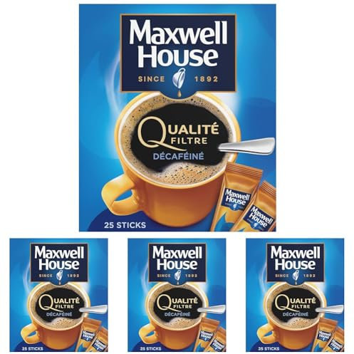 Maxwell House Café Soluble 25 Sticks Décaféiné Qualité Filtre (Lot de 4)