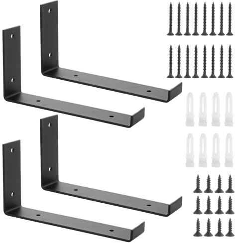 LOLYSIC 4 Pcs Shelf Brackets Heavy Duty, Black, 200mm | Scaffold Board Shelf Bracket with Lip, Wall Mounted Industrial Metal Shelf Bracket Support with Screw
