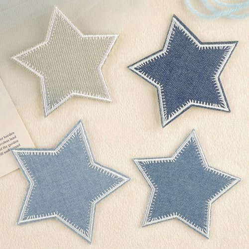 LARENNT Set mit 4 Flicken zum Aufbügeln Star - Denim Blau Stern Bügelflicken Kinder - Deko-Flicken zum Aufbügeln Kinder Patches zum Aufbügeln Für Jeans, Kleidung, Jacken, T-Shirts, Hüte, Rucksäcke