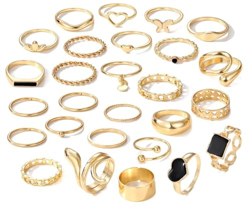 JENCVNL 20-33 Stück Gold Ringe Damen Frauen, Gold Stapelbare Knuckle Ringe Midi Ring Fingerringe Schmetterlings Herz Perlenring Stapelringe Daumenring für Frauen Mädchen