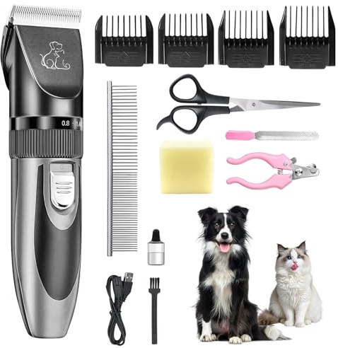 Anluomafuy Esquiladora para perros, silenciosa, para perros y gatos, IPX7, resistente al agua, 2 horas de duración de la batería, con kit de cuidado de mascotas, para pelo grueso, largo y rizado