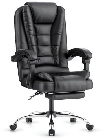 naspaluro Chefsessel Bürostuhl mit Fußstütze, Ergonomischer Schreibtischstuhl mit Hoher Rückenlehne Gepolsterter Armlehnen und Höhenverstellbar Neigefunktion, PU Leder Drehstuhl Computerstuhl, Schwarz