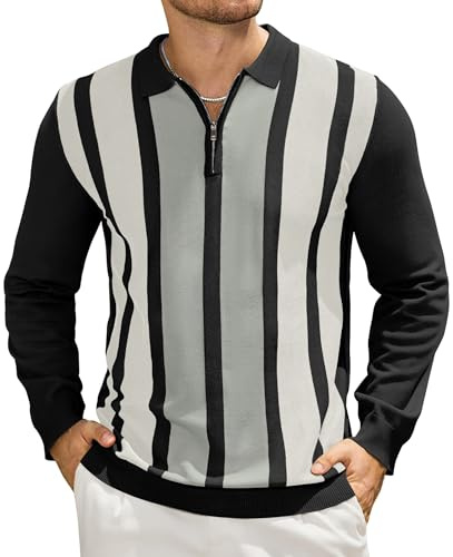 Elainone Mens Knit Striped Polo Shirts Long Sleeve Fashion Vintage Quarter Zip Jumper for Men UK Casual Polo Sweater Top Black L