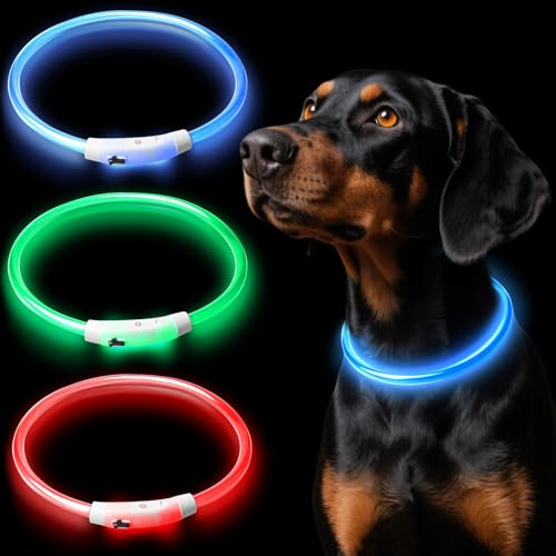 Aicharynic Leuchthalsband Hund, 3 Stück Led Hundehalsband USB Aufladbar mit 3 Beleuchtungsmodi Hunde Halsband Wasserdicht Leuchtend Längenverstellbarere Haustier Sicherheit Kragen für Hunde