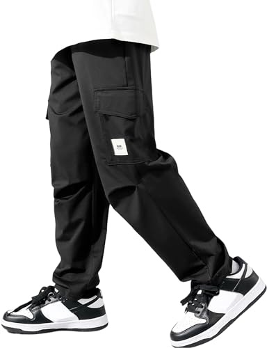 Rolanko Pantaloni Cargo da Ragazzo con Vita Elastica, Pantaloni da Jogging Sportivi Leggeri ad Asciugatura Rapida con Multitasche per Bambini, Nero, Taglia: 160/11-12 Anni