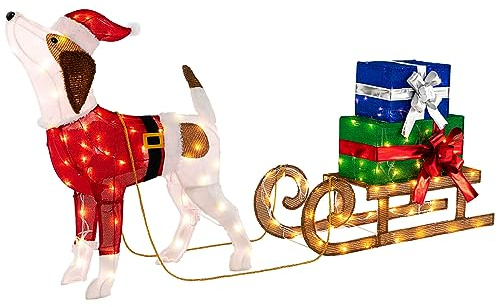 FANTASK Hundeschlitten und Geschenkbox mit 170 warmen LED-Lichtern, Weihnachtsdeko Hund mit Schlitten, Weihnachtsdekoration für außen und innen
