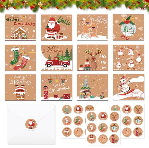 CUVZORA 24 Stück Weihnachtskarten Set, Weihnachtstag Grußkarten mit Umschlägen und Aufklebern, Mini Weihnachten Karten Blanko Klappkarten für Familie, Freunde, Festtagsgrüße