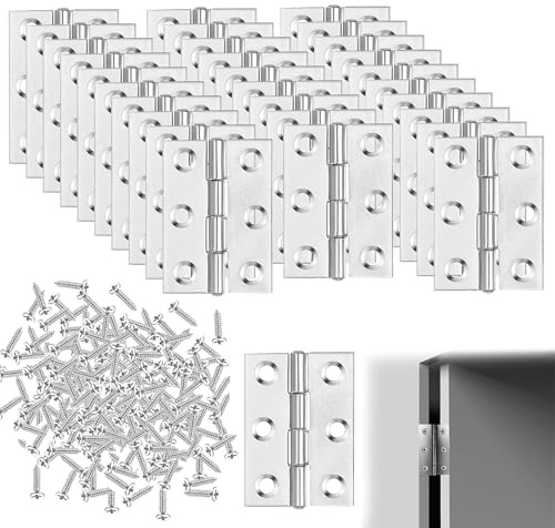 30PCS Hinges for Wood Silver Stainless Steel 2 Inch Hinges Small Hinge Folding Butt 6 Holes 50mm Internal Door Hinge for Cabinet Door or Internal Doors Window Box with 180 Screws