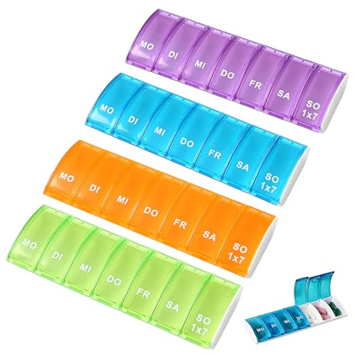 Tablettenbox 7 Tage Klein, 4 Stück Wochendispenser Für Vitamine & Pillen | 7 Separate Fächer & Transparente Deckel,Kompakte Größe Für Handtasche & Reise,Wiederverschließbar & Leicht Zu Befüllen