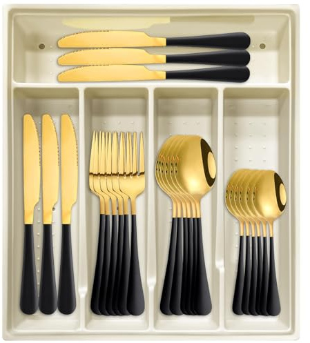 24-Piece Flatware Set with Organizer,Heavy Duty Stainless Steel Silverware for 6,Pink Cutlery Utensil Sets with Antiskid Handle，Rust-Proof Stainless Steel Cutlery, Mirror Polished (Black Gold)