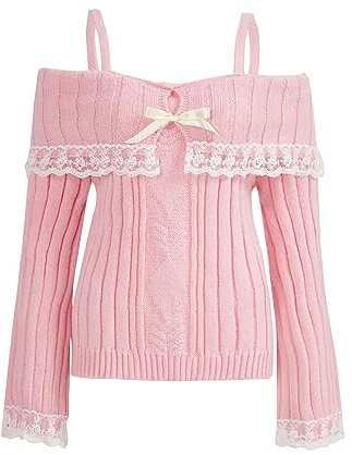 Lxootd Womens Y2K Vintage Off Shoulder Sweaters Long Sleeve Contrast Lace Knit Pullovers Bow Front Jumper Tops Coquette Clothes (Pink, S)