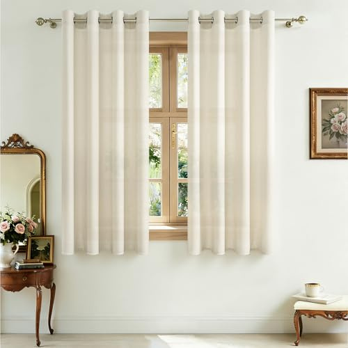 CUTEWIND Leinen Gardinen mit Ösen Beige Wohnzimmer Kurz 2er Set H 160 x B 140 cm, Vorhang Leinenoptik Halbtransparent Landhausstil für Schlafzimmer Kinderzimmer Fenster, Leinenvorhänge