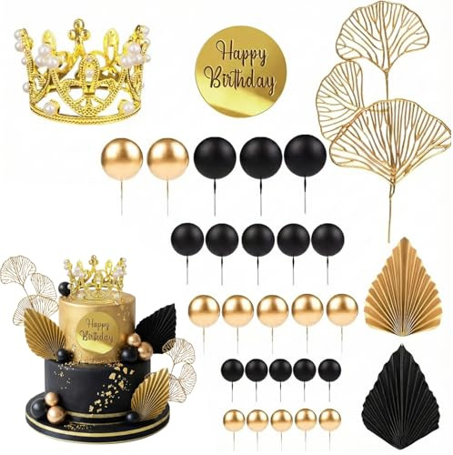 30 Pcs Cake Balls Decoration, Black and Gold Cake Balls Cake Toppers wuth Golden Crown, Paper Palm Leaves Fan Cake Toppers for Birthday Boho Wedding Party Anniversary Supplies