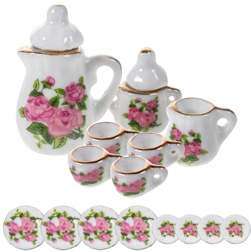 Alasum Juego de Té en Miniatura 15 Piezas para Casas de Muñecas Cerámica Diseño Floral Tazas y Platos Decorativos Accesorios para Juguetes de Simulación y Decoración de Mini Casas