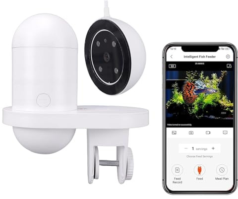 Plyisty Alimentador Automático de Peces con Cámara de 2.5K 5G WiFi Dispensador Inteligente de Alimentos para Acuario, Temporizador de Control de Aplicación Alimentador Automático de 230