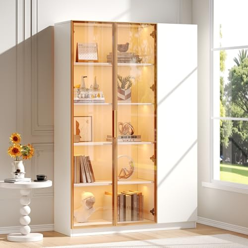 BTM 165cm Glasvitrine und Bücherregal mit LED Beleuchtung, Weinschrank Hochschrank Glasvitrine Stehend Vitrinenschrank, Weiß