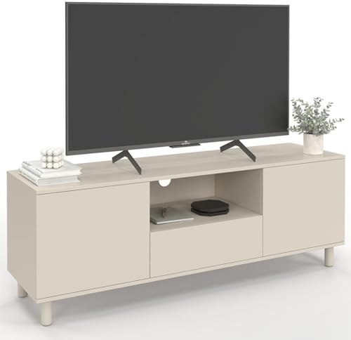 IDMarket - Meuble TV 140 cm BERTILLE 3 Portes Bois Beige