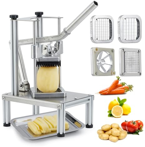 Garvee Commercial Vegetable Chopper with 4 Interchangeable Blades, Heavy Duty Potato Cutter French Fry Cutter, Manual Food Dicer Slicer for Onion Tomato Fruit, Silver