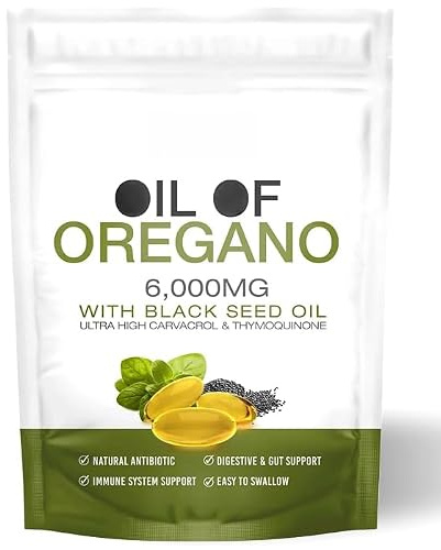Oreganoolja med svartfröolja, immun- och tarmstöd | Naturligt förekommande Carvacrol & Thymoquinone. 2-i-1 Oregano Oil Supplement. Icke-GMO