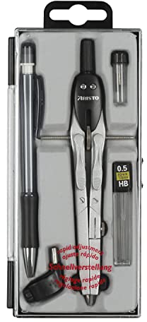 Aristo AR80084 College Schnellverstellzirkel Set 5-teilig (Zirkel mit 2 Gelenken, Druckbleistift inkl Ersatzminen 0,5mm, Adapter, Ersatz-Zirkelminen und -Zirkelnadel) silber-schwarz 5-teilig